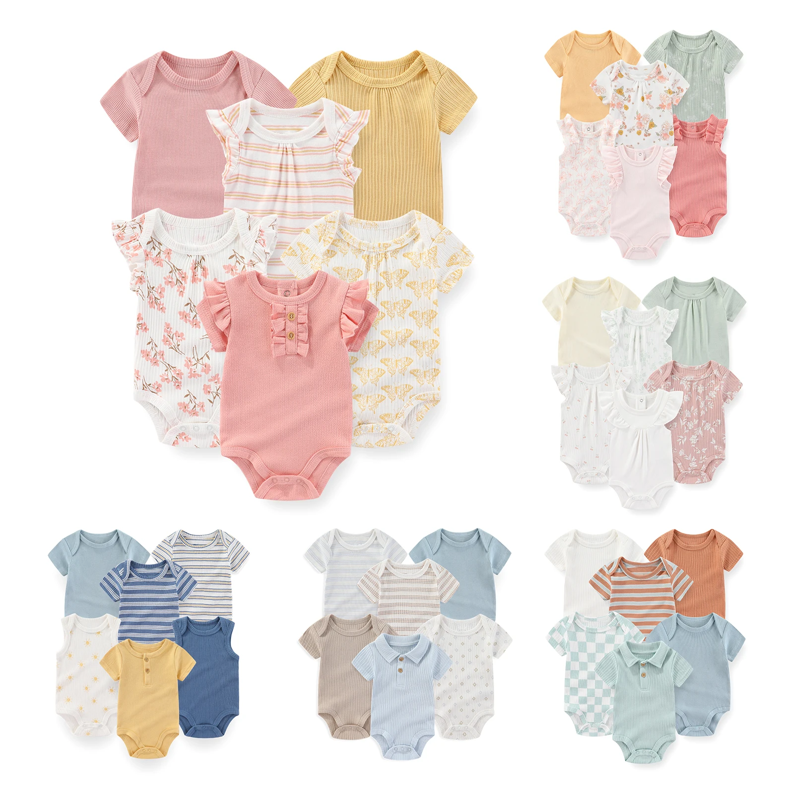 6-Piece Fashion Cute Baby Bodysuits 100%Cotton Newborn Boy Girl Onesies Short Sleeve Infant Clothes