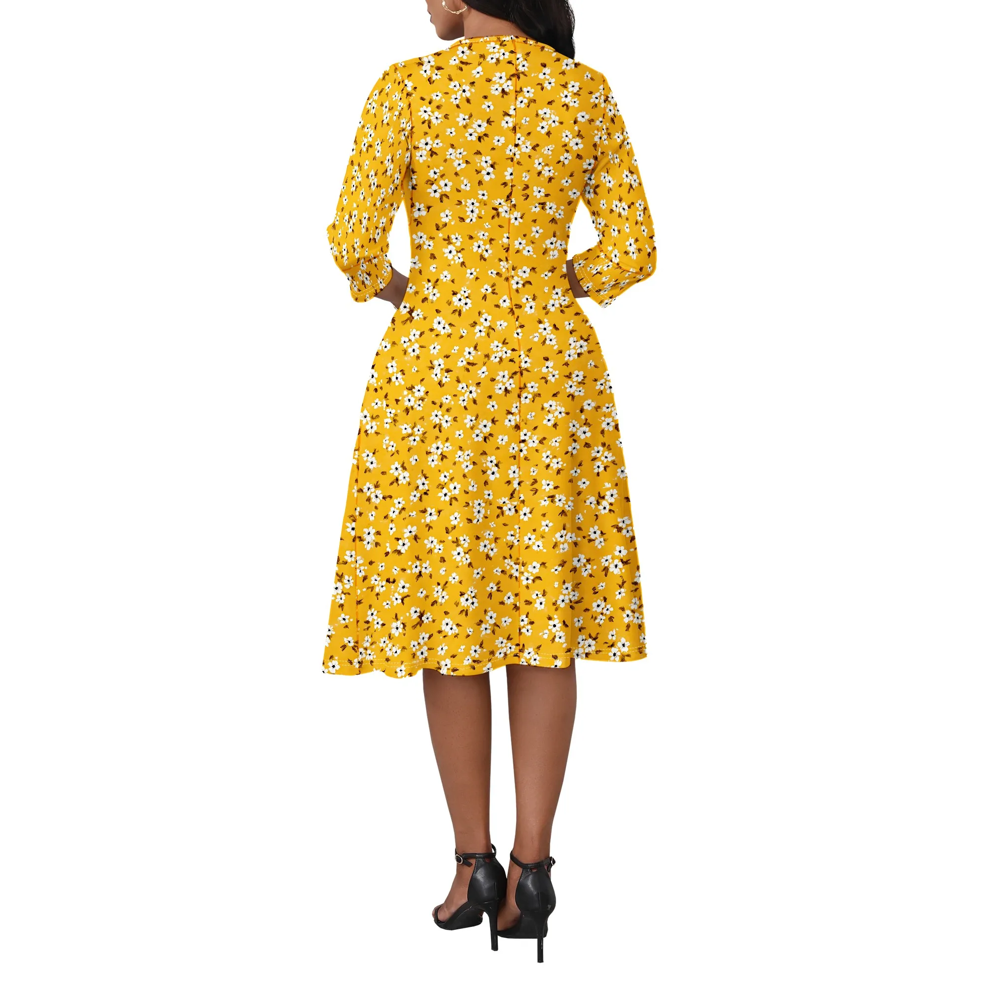 Ladies' Casual Floral Dress, A-line and Flared Skirt, 3/4 Sleeve Cocktail Party Church Dress