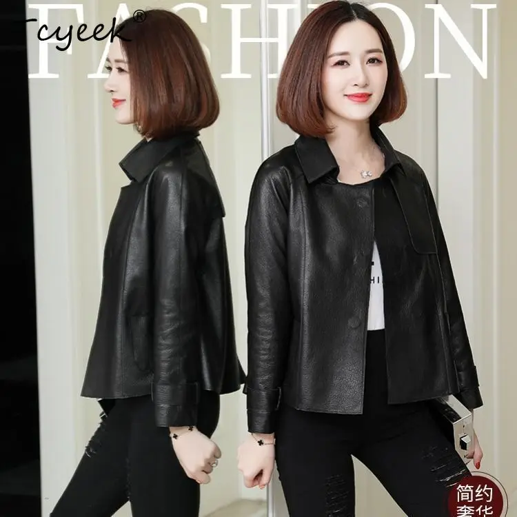 Tcyeek 양피 봄 가을 트렌디 스퀘어 넥 블랙 짧은 여성 정품 가죽 자켓 Jaqueta De Couro Legítimo Feminina