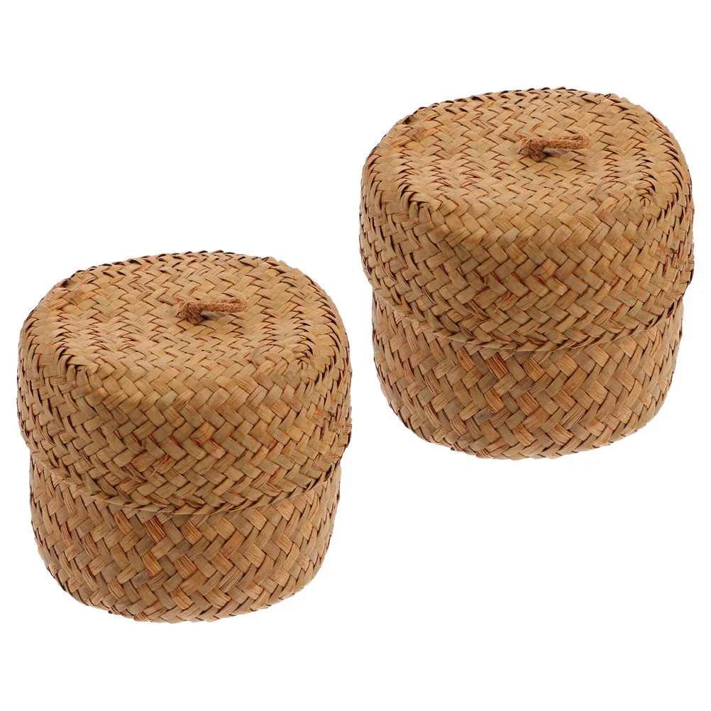 2 Pcs Flower Box Pot Lidded Woven Basket Storage Seagrass Seaweed Organizer Desktop