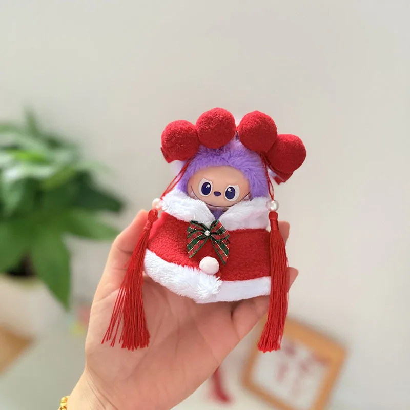 

For 10cm 4th Gen Mini Labubu Heart Code Festive Christmas Set with Hair Clips Belly Wrap & Cape Holiday Outfit for Vinyl Doll