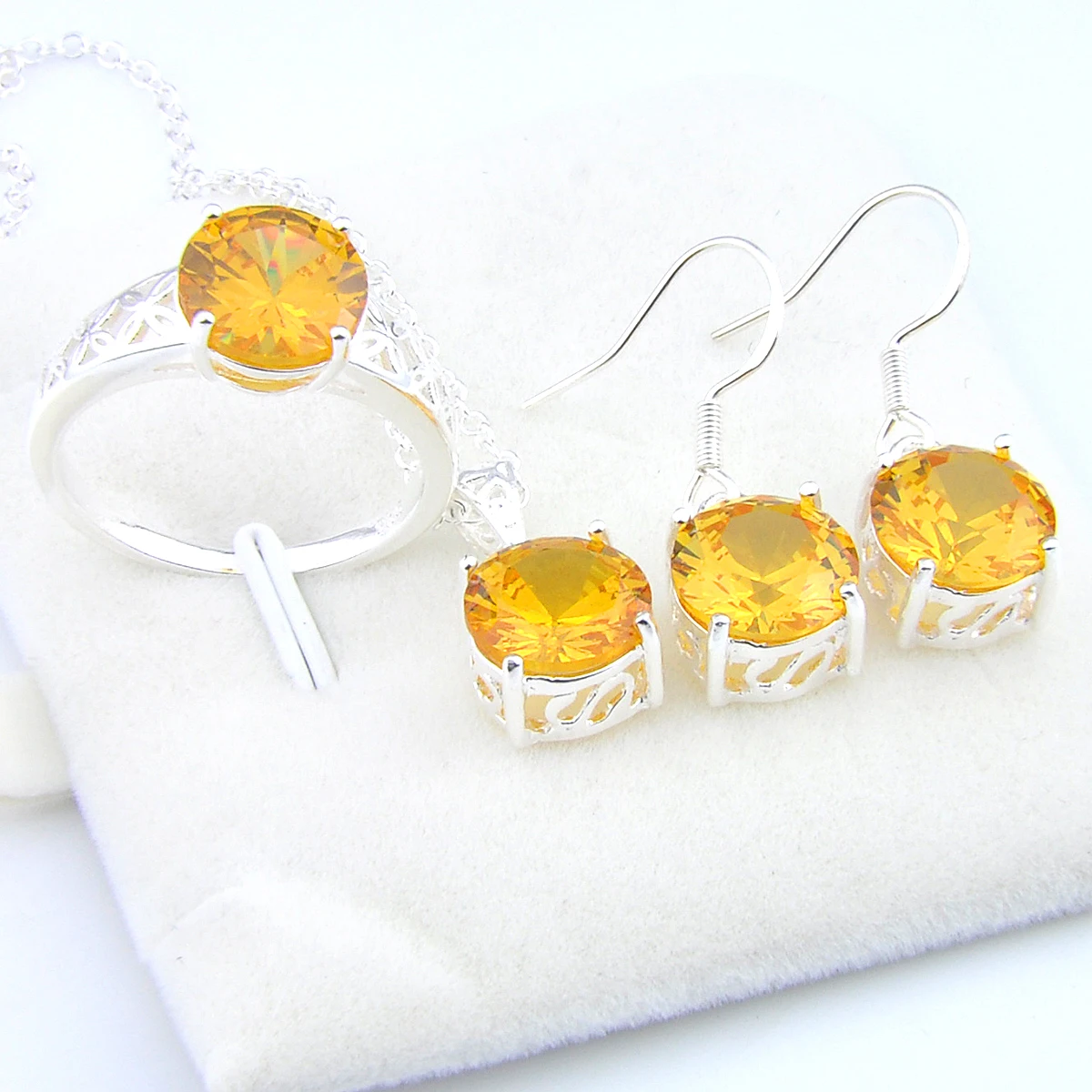

Jewelry Set Round Royal Yellow Citrine Silver Pendant Necklace Drop Earrings Rings Size 7 8 9