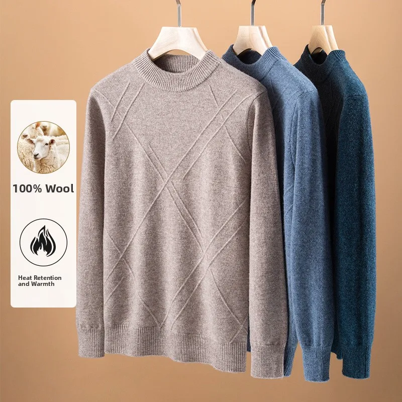 

Мужской шерстяной вязаный свитер с высоким воротником, ромбовидным узором, сохраняющий тепло, для повседневной носки, с длинным рукавом, осенне-зимний топ