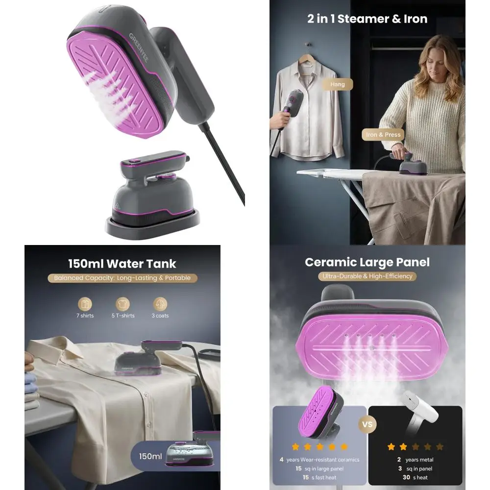 

Портативный ручной отпариватель для одежды с 6 режимами, мощным паром, 180° ° Поворотная ручка, емкость 150 мл для дома и путешествий (серый)