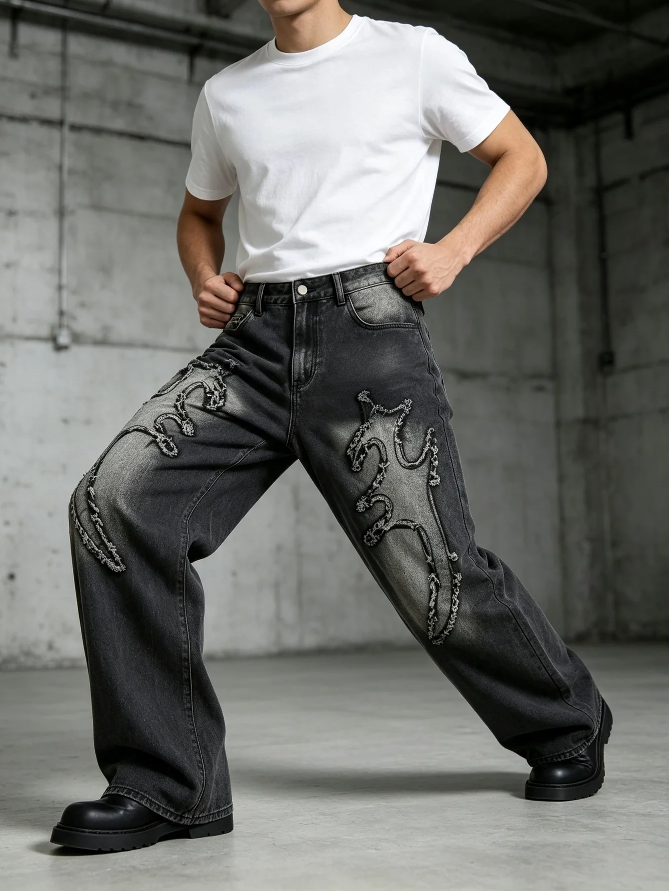 Fashion Y2K Trendy American Street Relaxed Straight Denim Jeans Wear-Resistant Denim Fabric, All-Match Daily Outfit, Heartfelt F