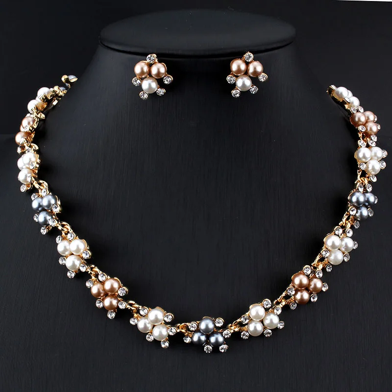 Gold Plated Alloy Rhinestone Necklace Earrings Set Floral Flower Jewelry for Women Office Commute Gift