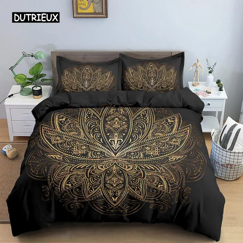 

Lotus Duvet Cover Set Mandala Lotus Pattern Twin Bedding Set Exotic Boho Style for Teens Queen King Size Microfiber Quilt Cover