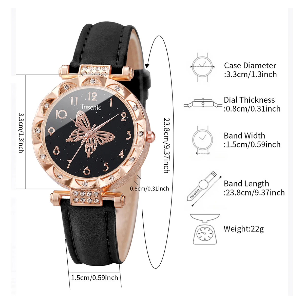 6PCS/Set Women\'s Watch Fashion Rhinestone Leather Band Quartz Watches Butterfly Jewelry Set(Without Box)