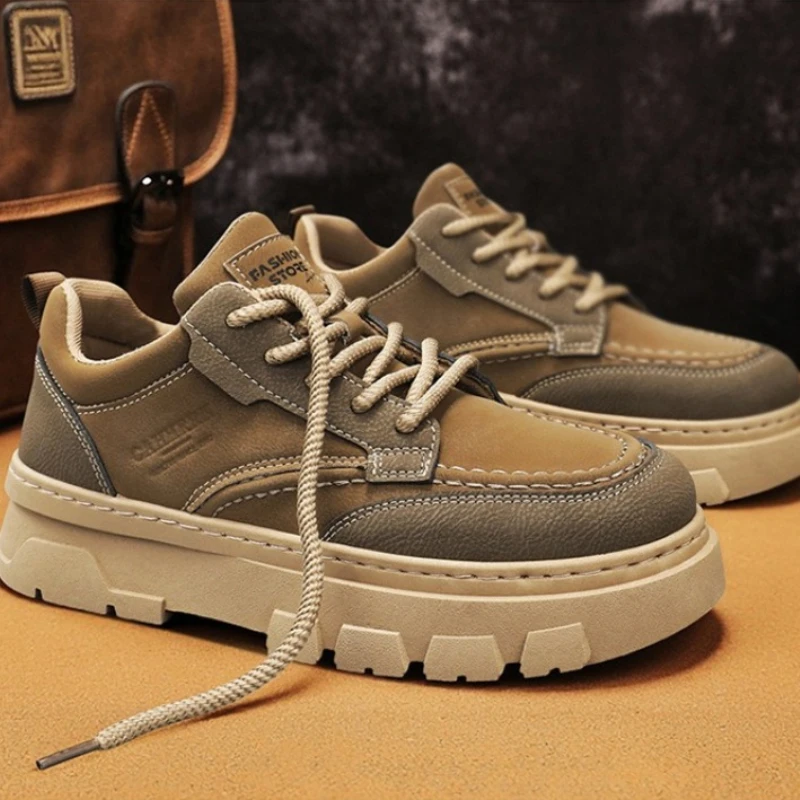 

Men Casual Shoes Outdoor Leather Thick Sole Men Sneaker Comfortable Work Walking Sports Shoes Designer Anti-Slip Men Shoes