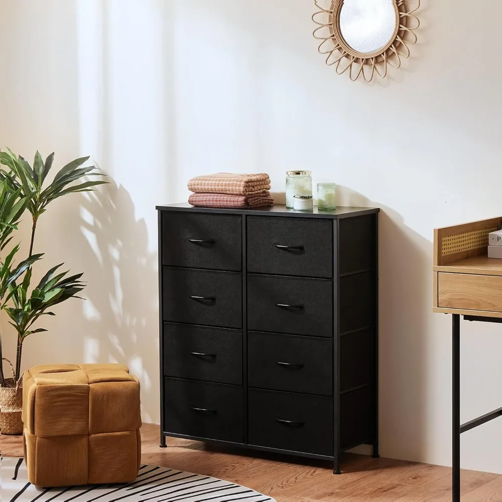 Tall Dresser with 8 Drawers, Storage Tower with Fabric Bins, Double Dresser, Wooden Top, Chest of Drawers for Closet