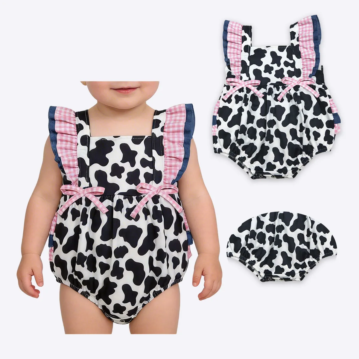

Newborn Cute Baby Girls Flutter Sleeve Western Cow Print Ruffle Rompers Kids Bubbles Comfortable Children Clothing Wholesale