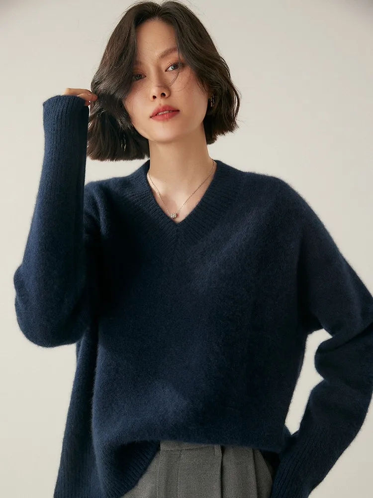 Pull basique à manches longues et col en v pour femme, vêtement ample en cachemire, épais et chaud, de haute qualité, automne-hiver, 100%