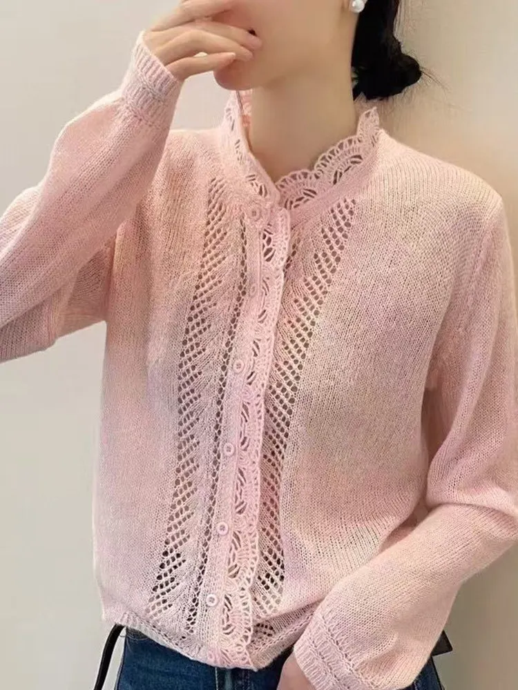 

Elegant Lace Splice Knitted Woolen Open Cardigan Women's Spring Versatile Sweater Jacket High-End Feel Gentle Wind Stand Collar