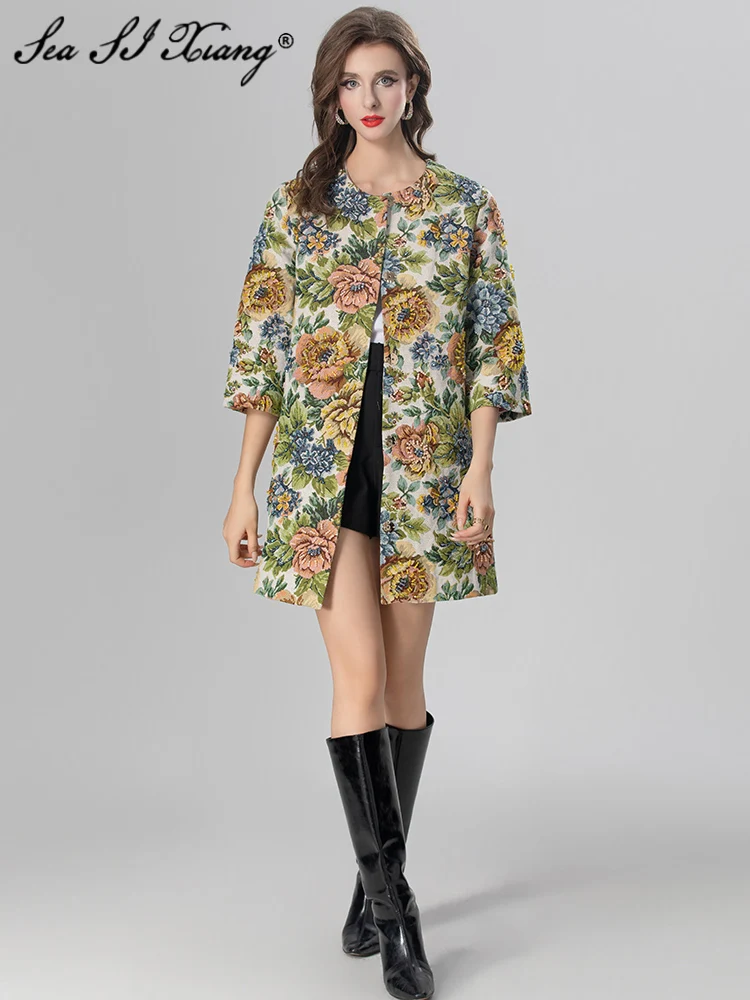 

Seasixiang Covered Button Beading Coat Women's O-Neck Three Quarter Sleeves Flower Print Vintage Outerwear Fashion Autumn