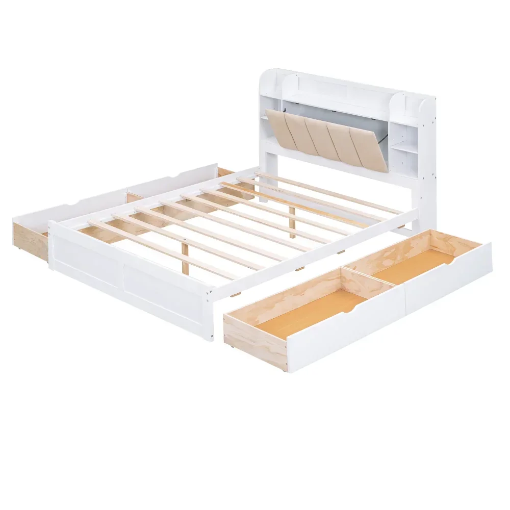 Upholstered Queen Bed, Wood Platform Bed with Shelves and Drawers for Adults, Heavy Duty for Bedroom,Guests Room,White