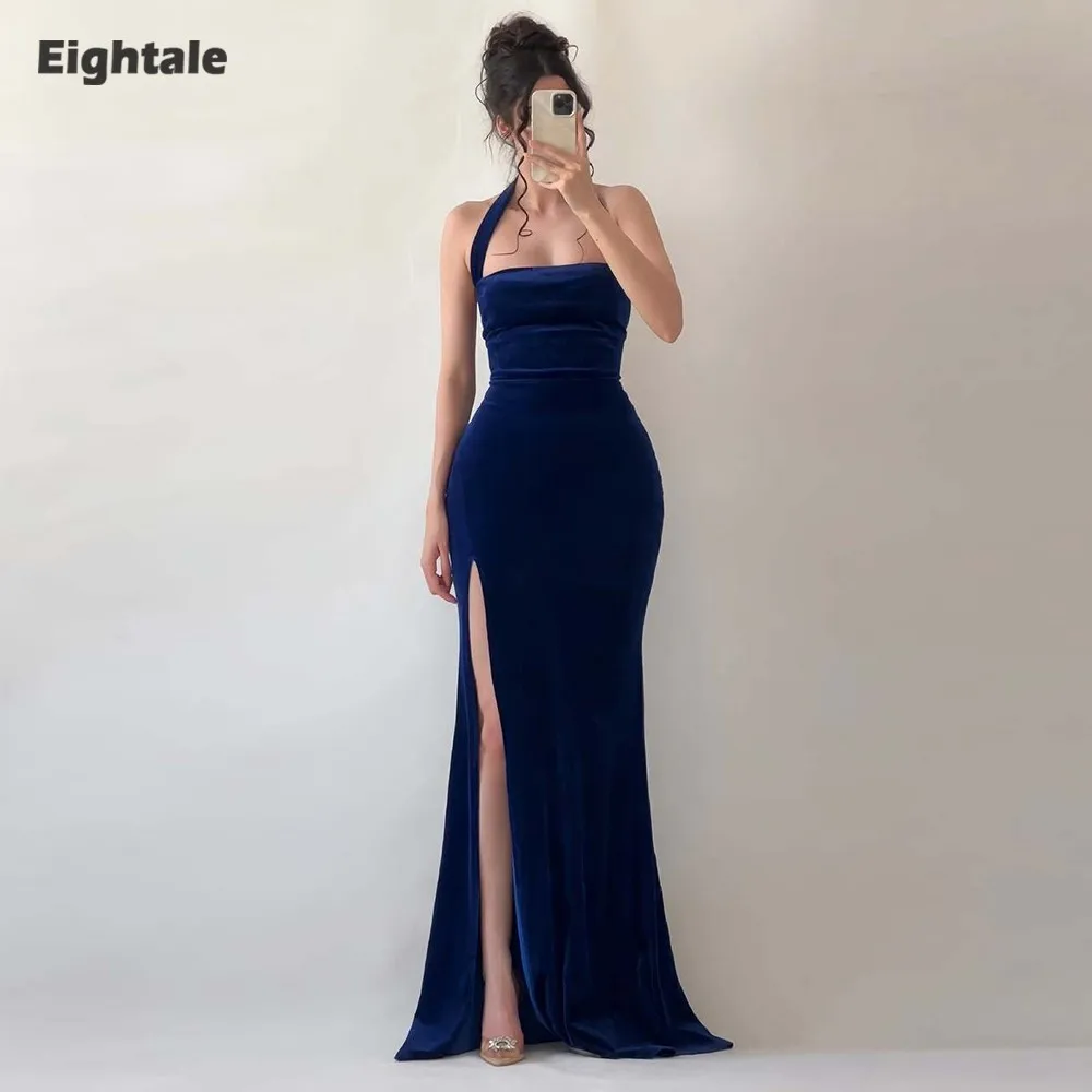 

Eightale Velvet Evening Dress for Wedding Party Customized Halter Backless High Side Slit Mermaid Arabic Prom Gowns