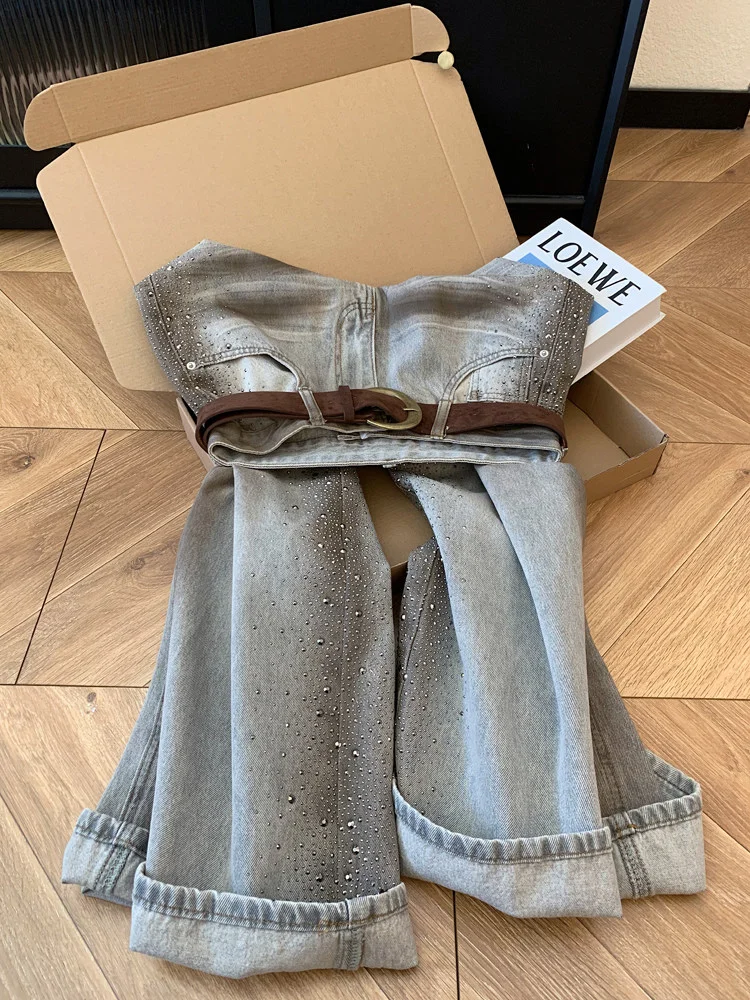 

Glittering Diamond Women's Jeans High Waist Wide Leg Casual Style Faded Effect Spring Season plus Size Comfortable Wear