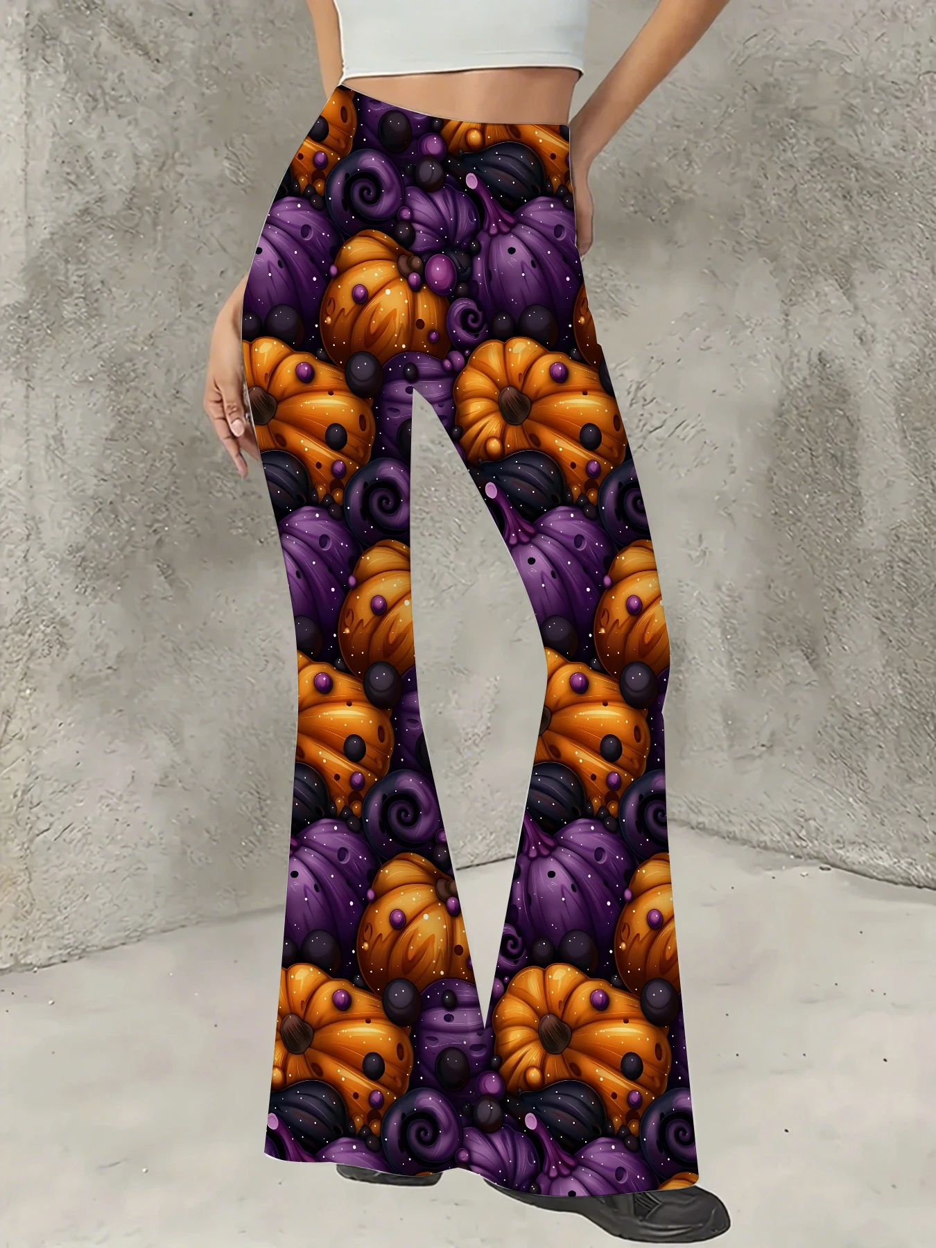 

Retro Printed Flare Pants Women High Waist Polyester Knit Bell Bottom Trousers