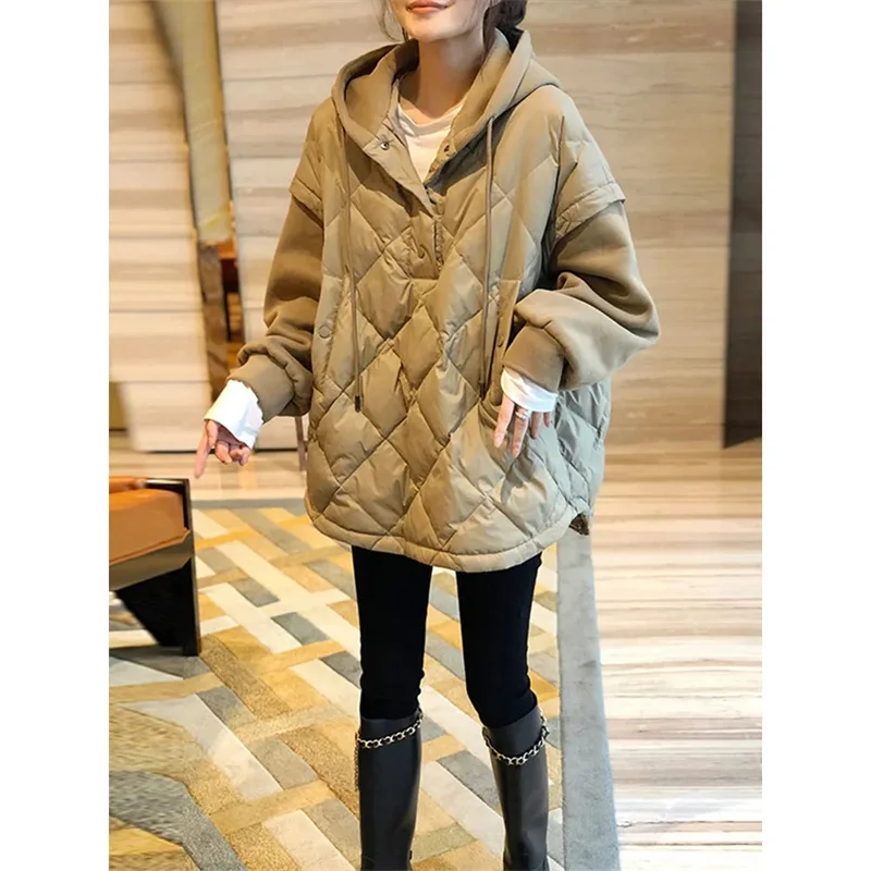 Autumn Winter Fake Two Piece Diamond Checker Panel Hooded Outwear Patchwork Down Cotton Coat Women Sweatershirt Female Hoodid