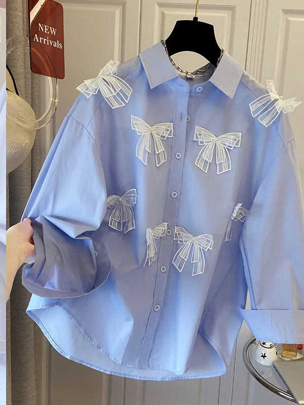 

Spring Autumn 2025 Lace Knot Loose Midi irt Women's European Sle Big Size Collar Long Sve Casual Blouse