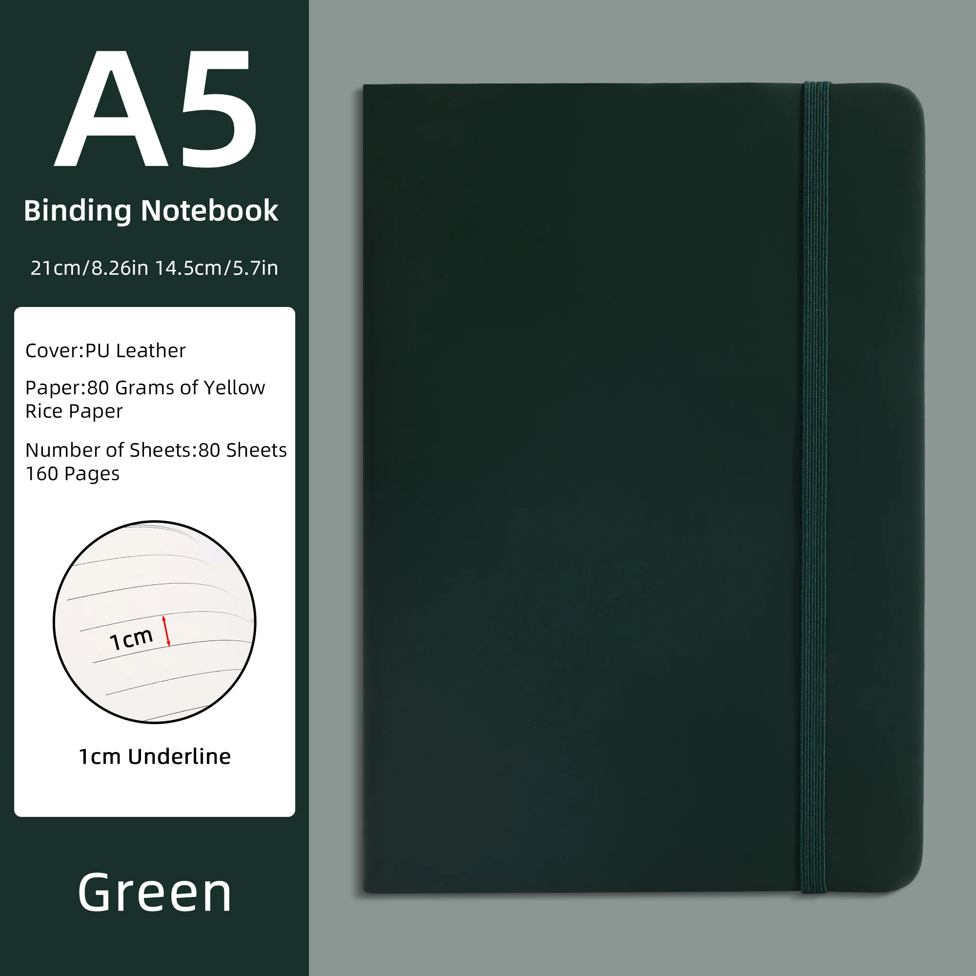 A5 PU-Leder Notizbuch - Lila, 80 Blatt (160 Seiten) 80g/m² Gelbes Reispapier, 1cm Unterstrichung, Hardcover-Journal mit Gummiband – Detail 12
