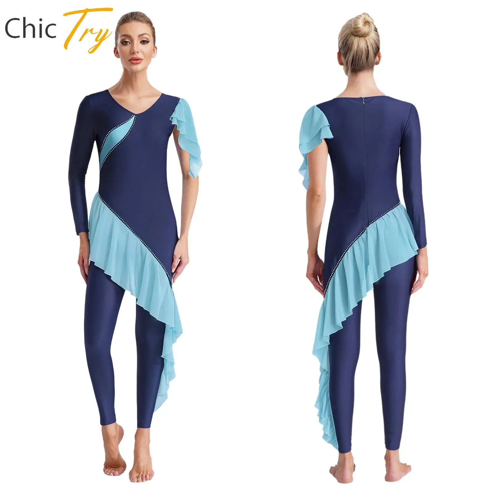 

Women Asymmetrical Sleeve Gymnastics Figure Skating Dance Costume Cascading Ruffled Trims Rhinestones Bodysuit Ballerina Costume
