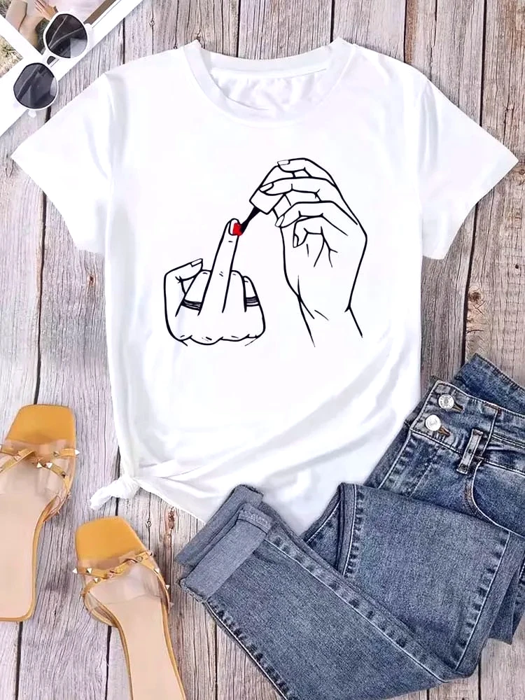 Women Middle Finger Nail Polish Prints T Shirt Summer Comfortable Soft Short Sleeve O-Neck Tops Casual Female Vintage Clothes