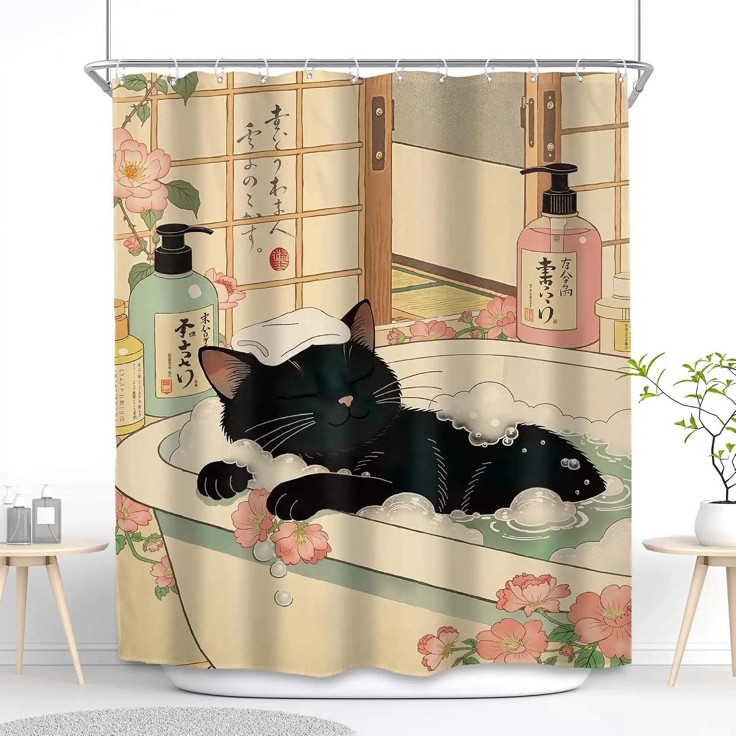 Aesthetic Cat in Tub Shower Curtain Kawaii Japanese Bath Decor Bubble Spa Bathroom Curtain Curtain Panel 180x180cm Cute Pet Desi