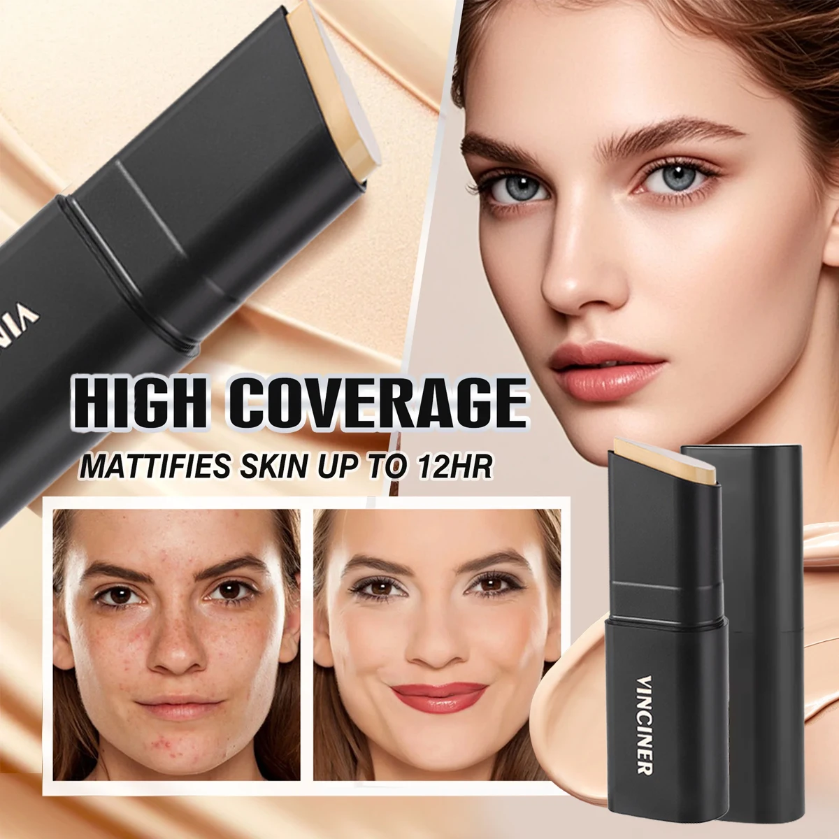 VINCINER Fondotinta Stick Opaco a Lunga Durata, Impermeabile, Copre le Occhiaie, Correttore a Copertura Totale per Base Trucco