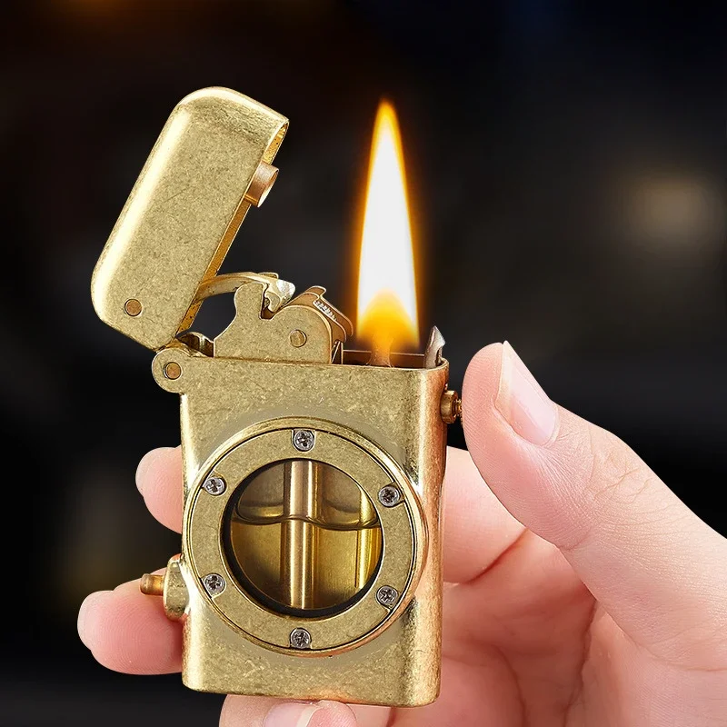High end retro lighter, metal windproof one click pop-up ignition safety switch, transparent fuel tank lighter, men's gift