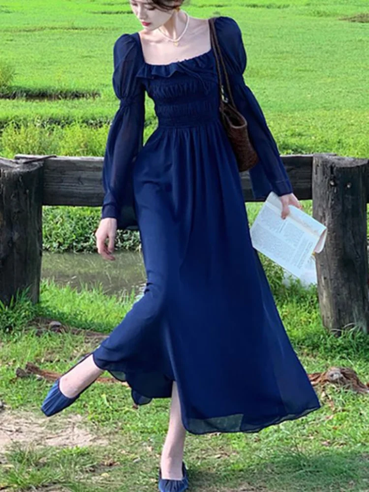 

2023 Autumn New Blue French Elegant Midi Dress Woman Chiffon Casual Even Party Dress Beach One Piece Dress Korean Fashion Chic