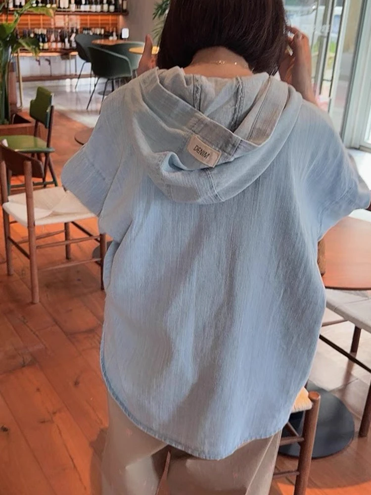 

Loose Fit Denim irt Women's Waed Hooded Thin Svel Top Casual Commute Sle Cotton Long Sve Pure Color Button down
