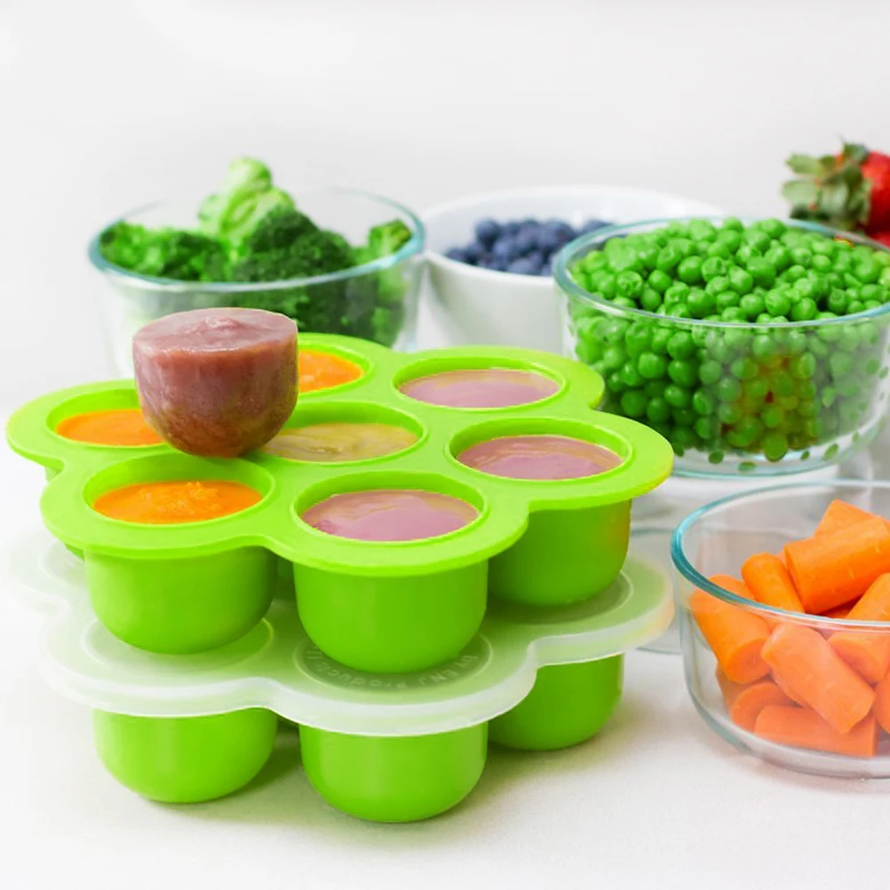 

7 Compartments Baby Food Storage Trays Premium Silicone with Hard Plastic Lid for Freezing Baking Serving Green