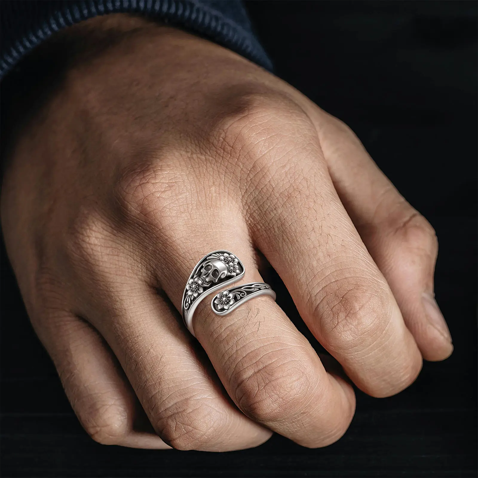 يودورا 925 فضة القوطية الجمجمة ملعقة قابل للتعديل حلقة زهرة الورد الهيكل العظمي الدائري شخصية مجوهرات هدية للنساء رجل