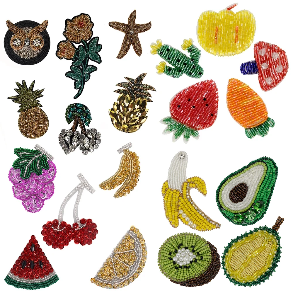 Durian Kiwi Avocado Pineapple Cherry Rhinestones Crystal Star Bead Sequin Flower Patch Applique Sew on Clothes Decor Fruit Badge