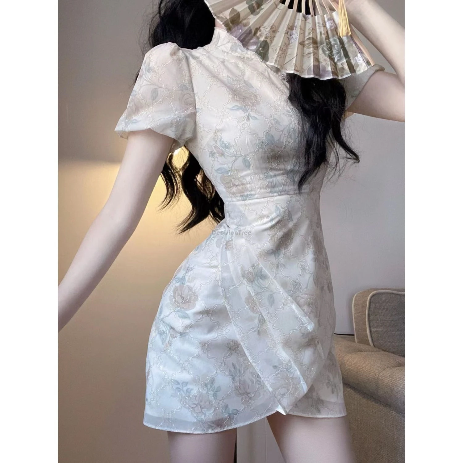 

2024 improved chinese retro fashion style women cheongsam dress summer short puff sleeve yarn slimming short daily qipao dress