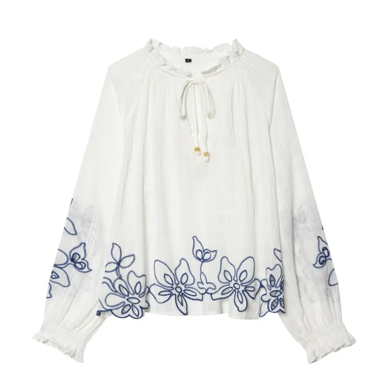 

Women's Embroidered Floral Shirt with Tie New 2026 Spring Long Sleeve O Neck Simple Women Shirt & Blouses Solid Female Tops