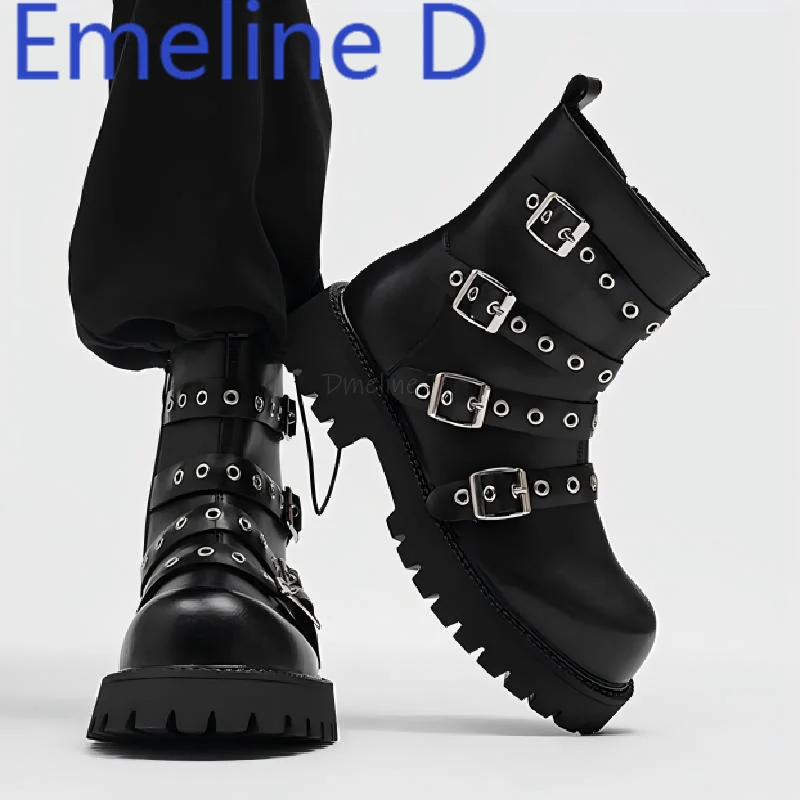 

Rivet belt buckle ankle boots fashionable height increase thick bottom zipper round head, black personalized design short boots