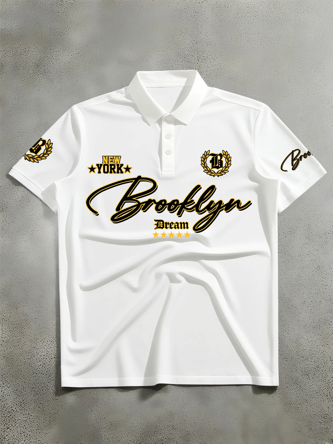 Men's Short Sleeve Polo Shirt, Street Casual Style Golden Wheat Ears Brooklyn Print Polo Shirt