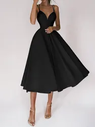 Strap V-neck Sexy Solid Party Dress Women's Backless Casual Wear 2023 Sweet and Elegant Large Swing Women's Dress Street Dress