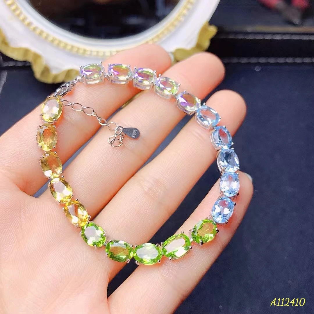 Fine Jewelry Natural Candy Gradient Topaz Women's Bracelet S925 Pure Silver Exquisite Inlaid Colorful Gem Support Testing