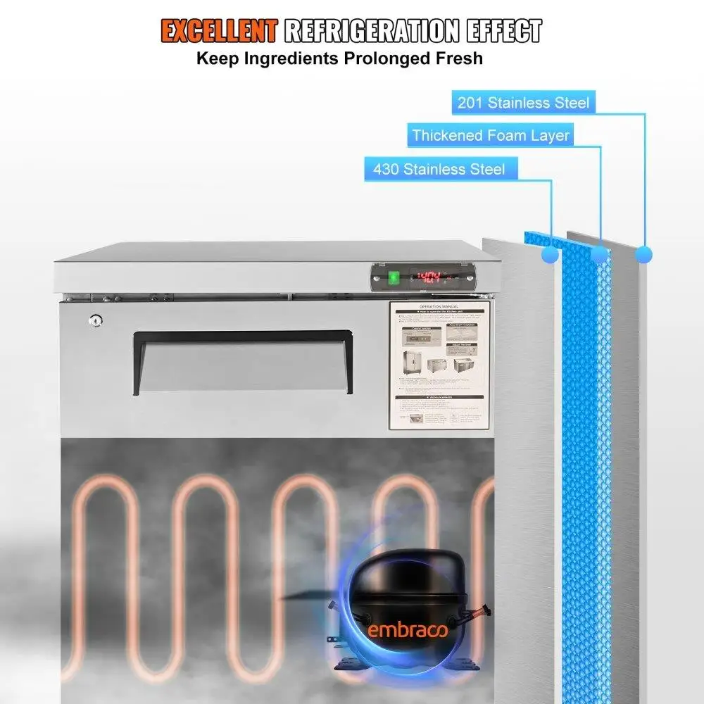 Commercial  Preparation Fridge Undercounter Workbench Design 28-inch 7.4 Cubic Feet Capacity Thick Stainless Steel