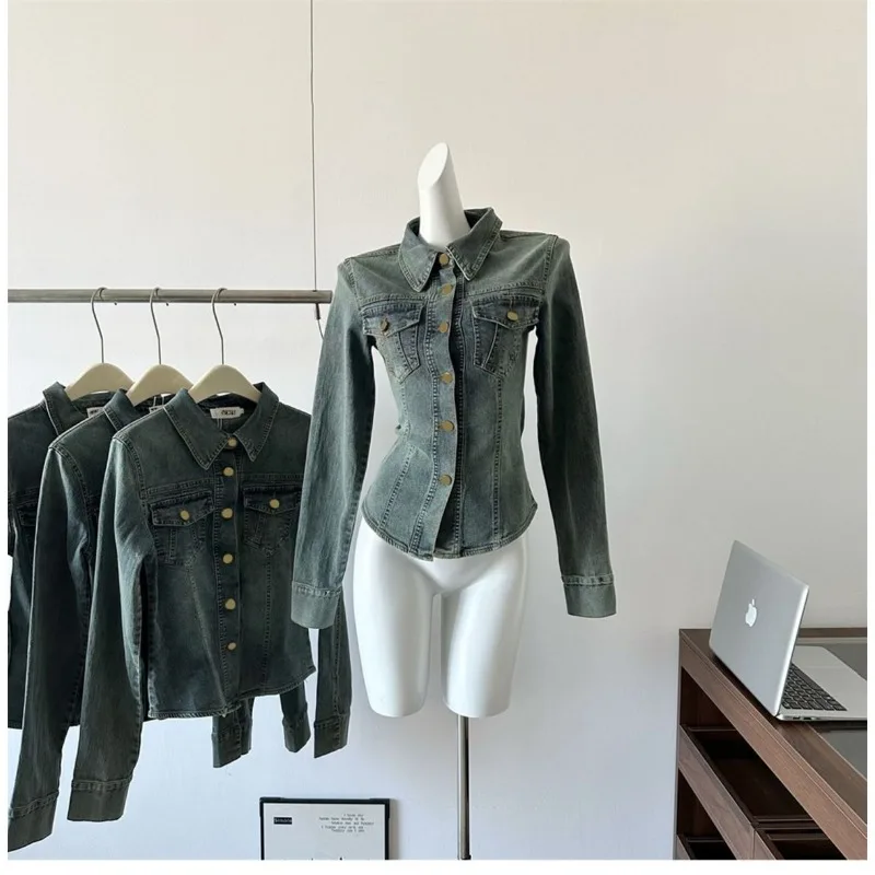 American Vintage Blue Vintage Polo Collar Denim Shirt for Women Spring Autumn Jeans Jacket High-end Slim-Fit Top Long Sleeve New