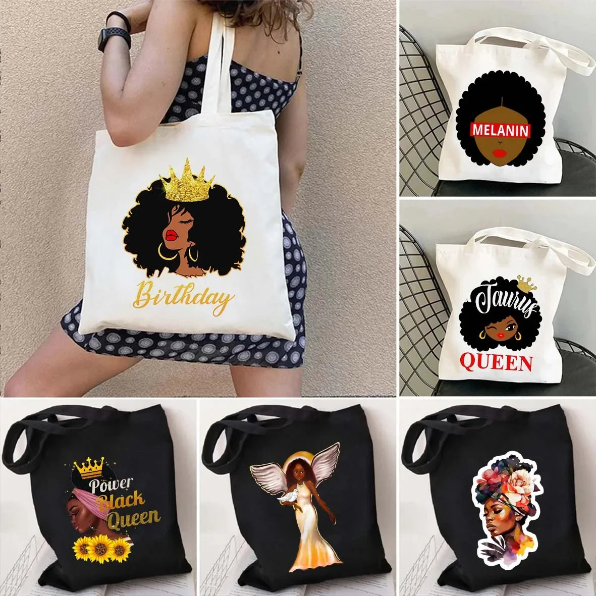 Melanin Shopper Tote Bag African American Woman Shoulder Bag Afro Black Girl Magic Satchel Handbag For Shopping Work Grocery Gym