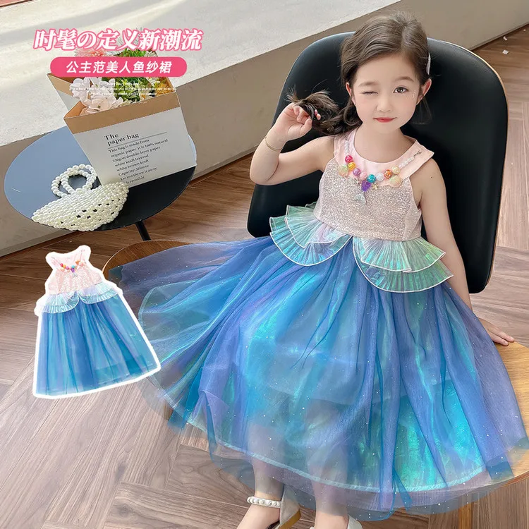 

Синее платье принцессы для девочек, бальное платье из тюля без рукавов с пайетками, праздничный костюм для малышей и детей, размеры 90-140 см, модное платье для девочек, милое синее.