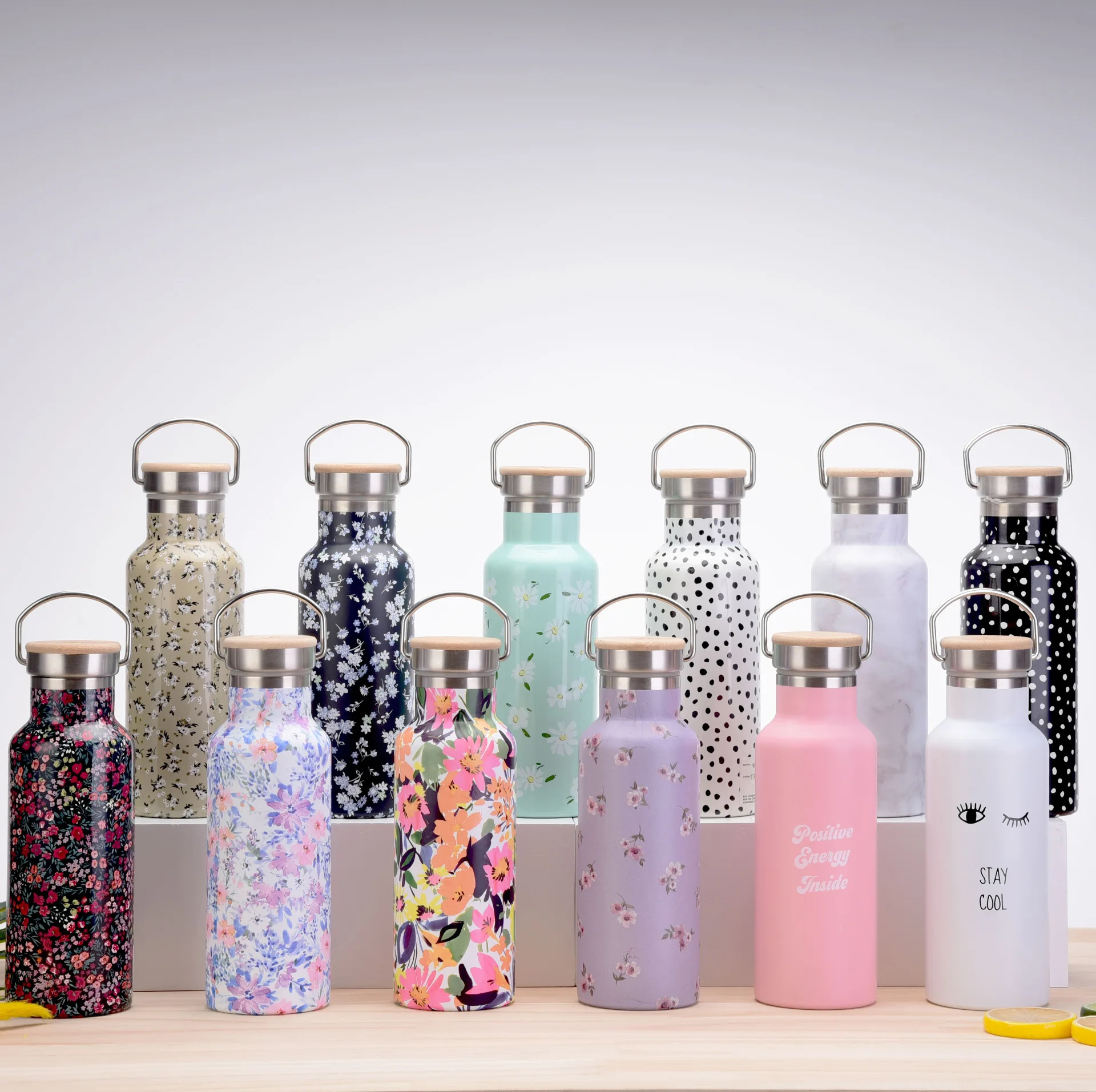 

500ml New 304 Thermos Portable Sports Kettle Pastoral Style Printed Water Cup Bamboo Lid Carry Handle