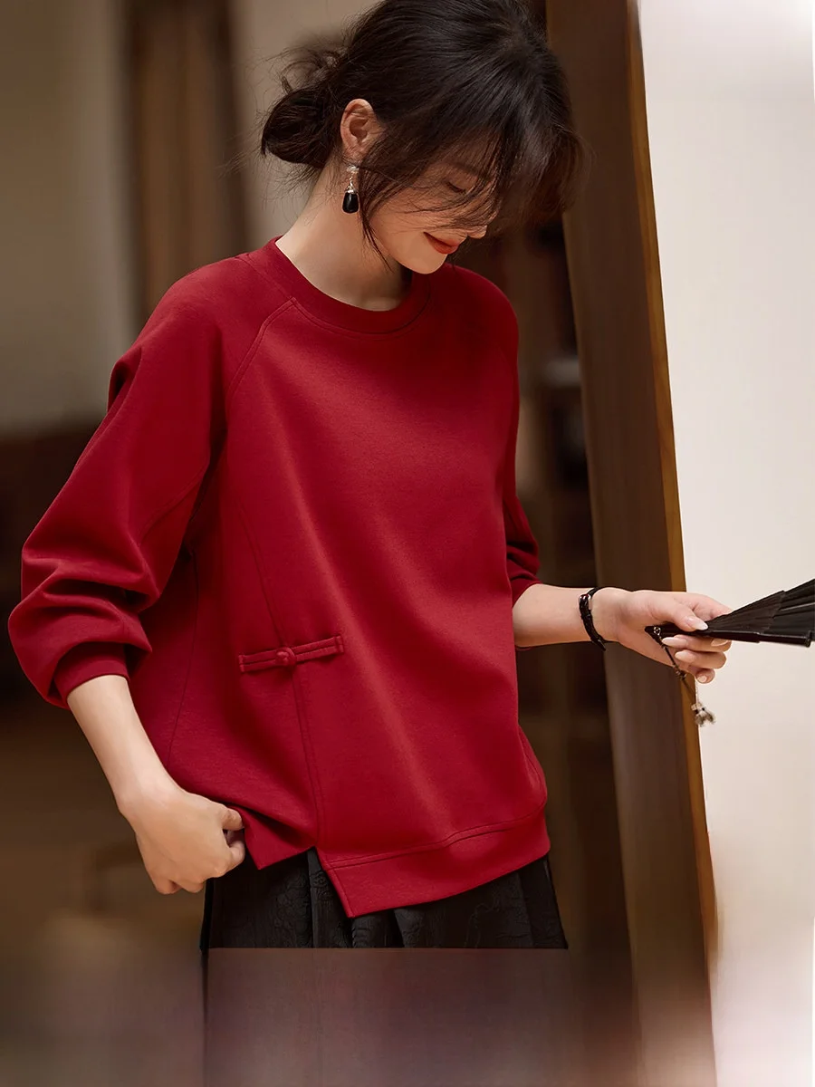 

Red Wedding Banquet Slimming round Neck Chinese Style Sweatshirt Women's Spring Fashionable Top with Button Detail