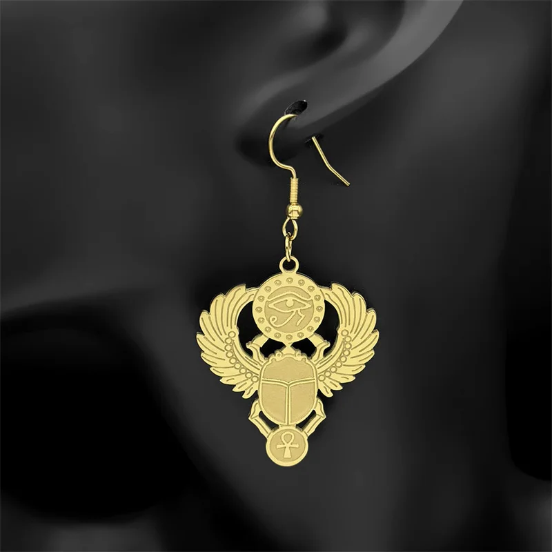 Egyptian Scarab Eye of Ra Horus Symbol Hoop Earrings for Women Stainless Steel Gold Color Ankh Key Of Life Earrings Jewelry ﻿