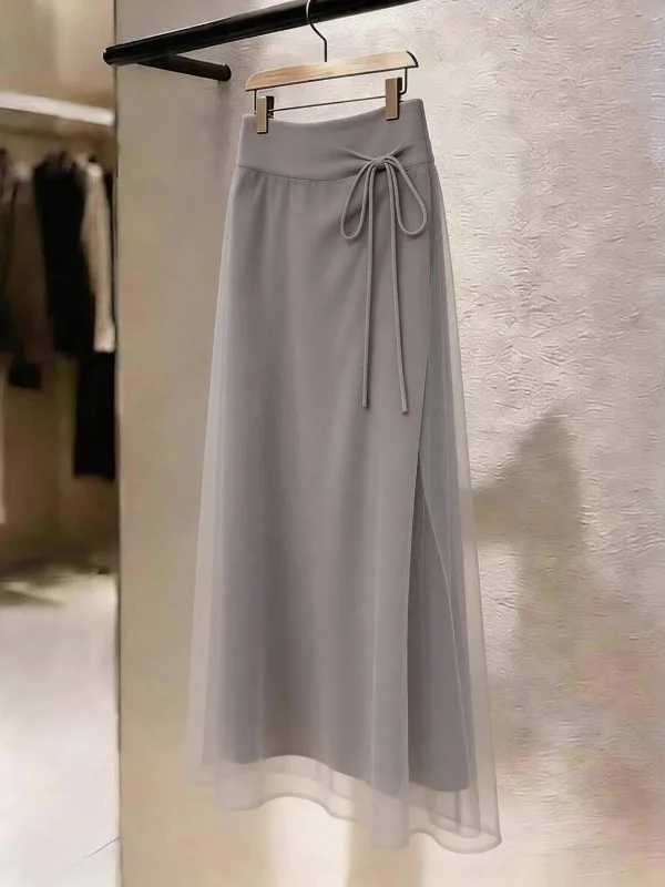 Outlet Grey A-Line Midi Skirt with Belt Slimming Summer Commute Women's High Waist Lace Panel Loose Fit Fashionable Skirt
