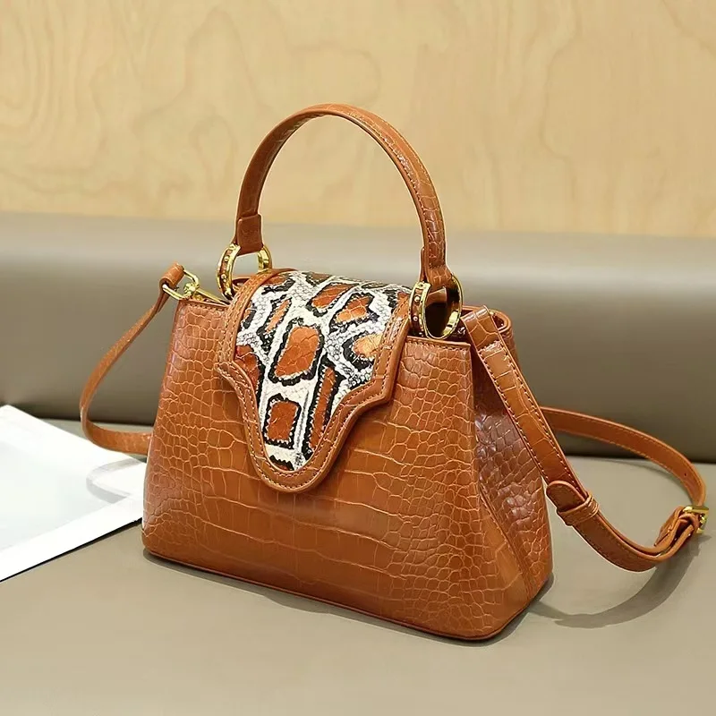 

2026 Python Print Handbag, Genuine Leather Top Handle Bag for Women, Luxury Shoulder & Crossbody Purse, Fashionable Tote